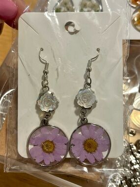 Handmade Resin Purple Daisy Resin Drop Earrings with Iridescent Rose Accent